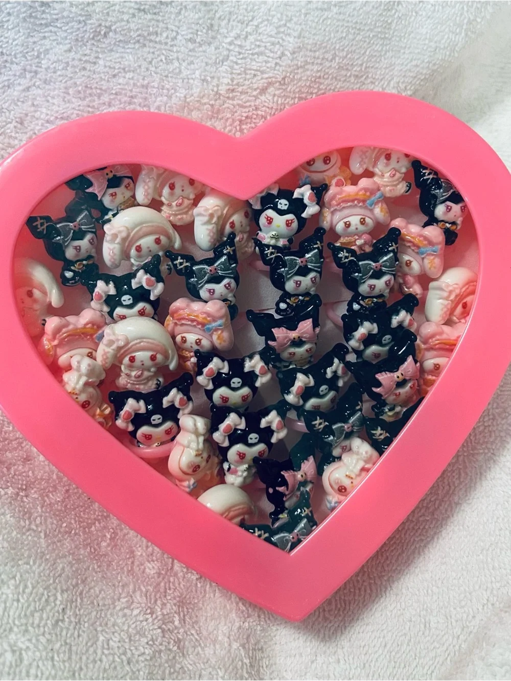 Kids Pink Heart Jewelry Box with Cute Character 36pcs Rings